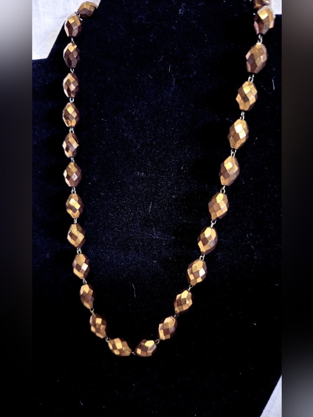 Vintage Antique 1930/40 Bronze Faceted Metallic Glass Barrel Bead Necklace 16"